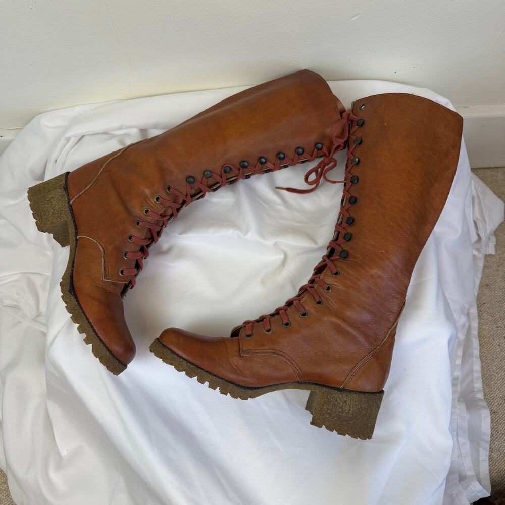 Vtg FRYE 60s 70s Women's 10 B Boots Brown Leather Lace Up Campus Stacked Heel - Picture 8 of 16